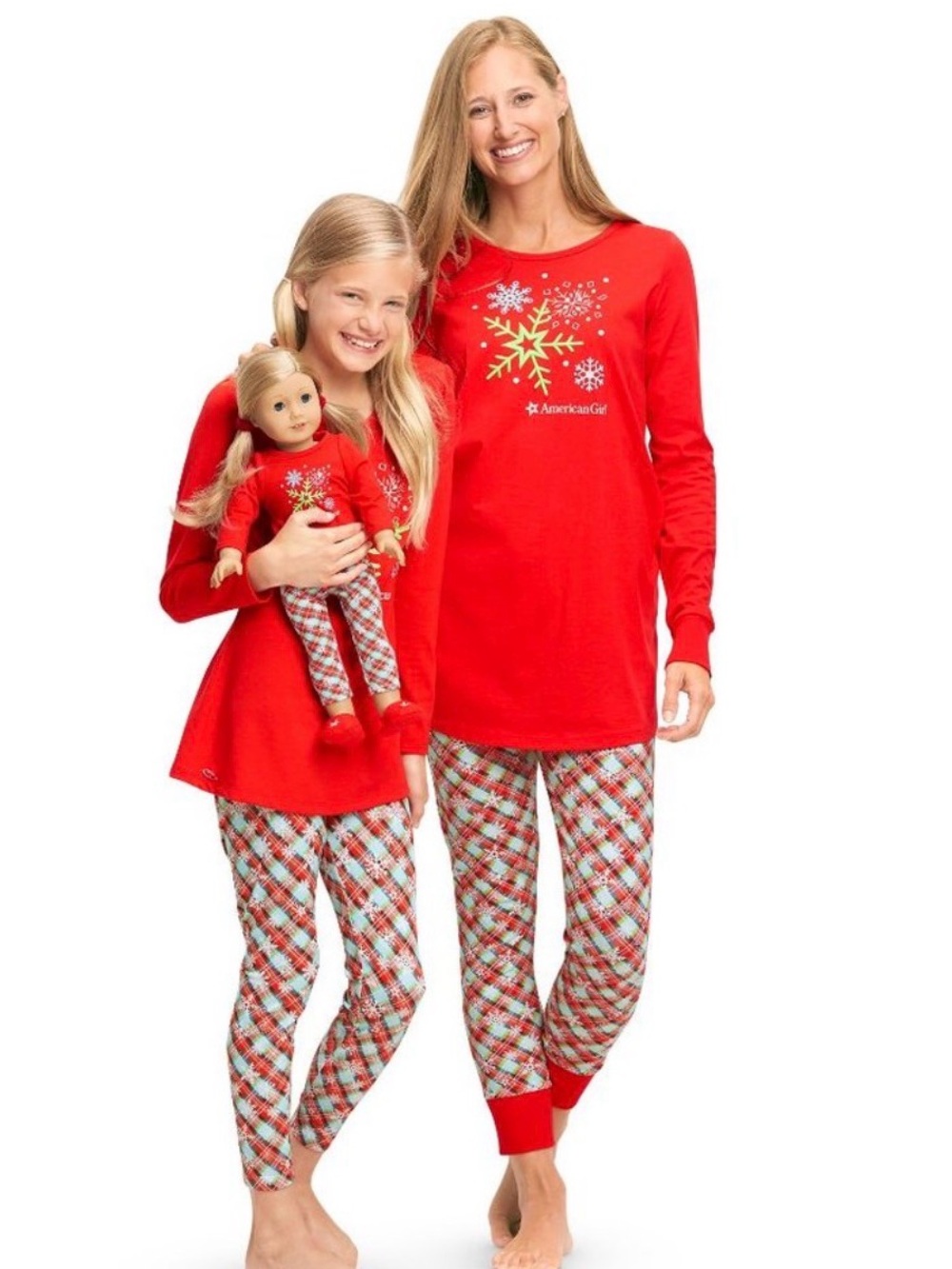 American Girl Red Snowflake Plaid Kids Pajamas Top and Pants/ Leggings